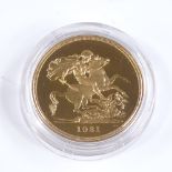 A 1981 proof gold £5 coin, 39.94g