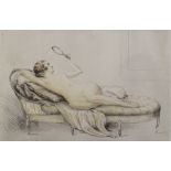 C Manciet, coloured etching, female nude, plate size 9" x 13", and a similar nude etching by P E