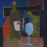 Cubist style oil on board, still life bottle and glass, unsigned, 16.5" x 13", framed