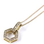 An 18ct gold diamond set hexagon pendant necklace, on unmarked gold chain with plated clasp, pendant