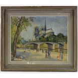 Mid-20th century oil on canvas, Parisian scene near Notre Dame, indistinctly signed, 13" x 16",