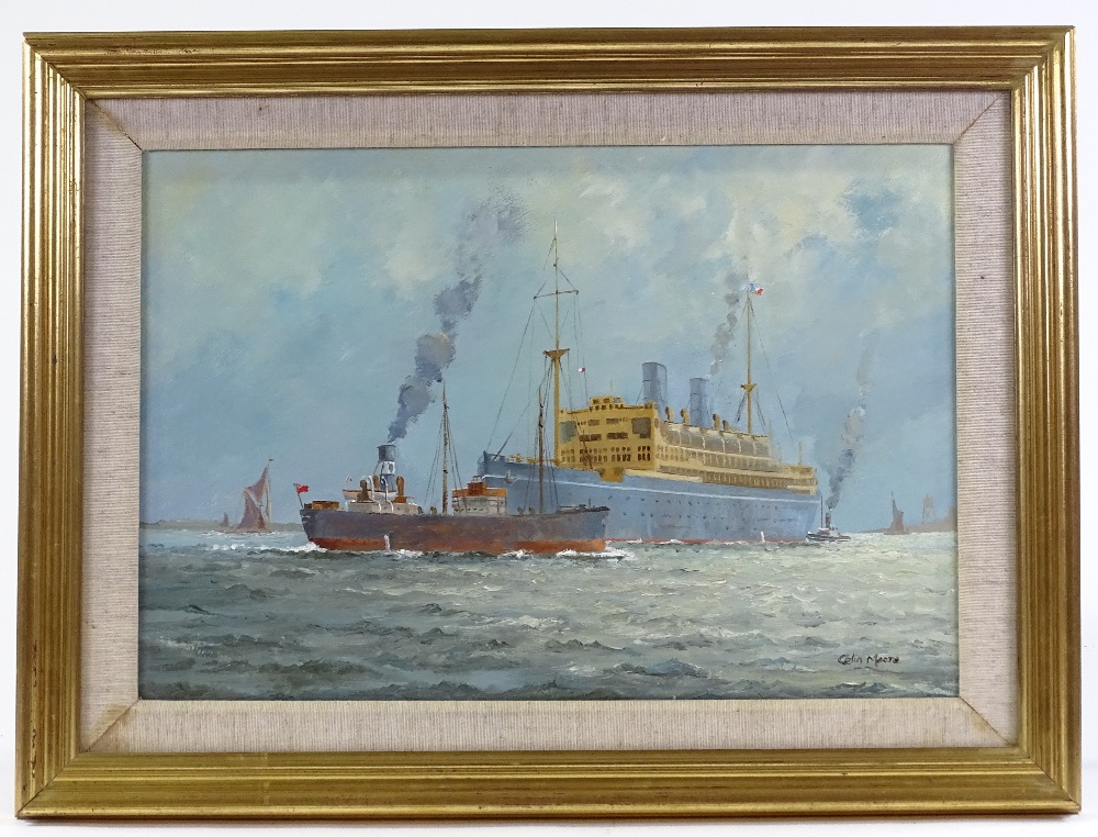 Colin Moore, oil on canvas, steam ships off the coast, 12" x 17", framed - Image 2 of 4