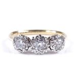 An 18ct gold 3-stone diamond ring, with platinum-topped settings, setting height 6.1mm, size N, 2.9g