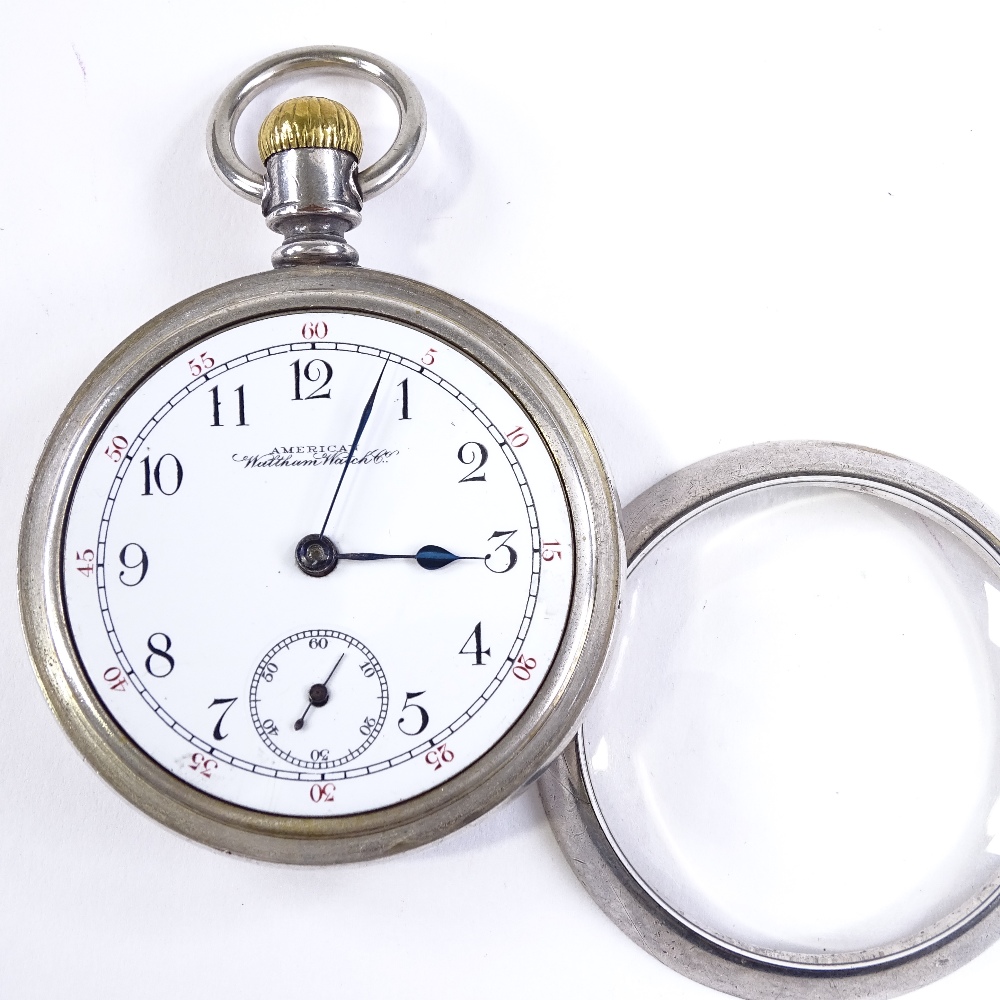 A steel cased open-face top-wind Waltham pocket watch, Arabic numerals with subsidiary seconds - Image 5 of 5