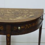 An Antique Dutch marquetry inlaid demilune console table, with 2 hinged frieze drawers, width 75cm