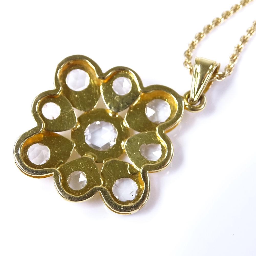 A 22ct gold 9-stone rose-cut diamond pendant necklace, on 18ct rope twist chain, pendant height - Image 4 of 4