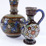A Thun Pottery narrow-necked vase with enamelled flowers, height 30cm, and a similar jug, height