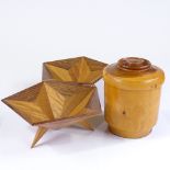 A pair of mid-century exotic wood ornamental bowls of hexagonal form, diameter 24cm, and a turned