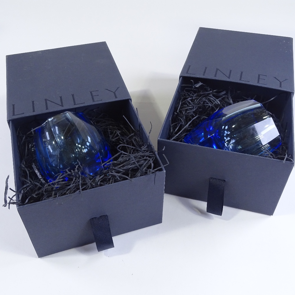 A pair of David Linley facet-cut blue glass tumblers, height 11cm, boxed - Image 3 of 3