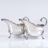 A pair of George V silver sauce boats, with hoof feet and C-shaped handles, by Charles Weale,