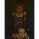 Manner of Ford Maddox Brown, oil on panel, Tudor style portrait of a man and child, unsigned,