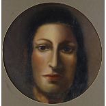 Brian Davis, circular oil on panel, portrait of Ladmilla Khan, 1971, inscribed verso, 9" across,