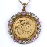 A 2005 gold half sovereign, in 9ct gold stone set pendant mount on gold chain