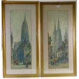 Paul Braddon, pair of watercolours, Continental street scenes, 30" x 10", and J McWhirter, hand