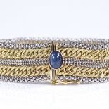 An Italian 18ct gold curb and popcorn link bracelet, with cabochon sapphire catch button, length