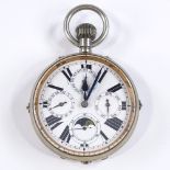 A Swiss Goliath Moon Phase calendar pocket watch, open-faced top-wind nickel case with multi-dial