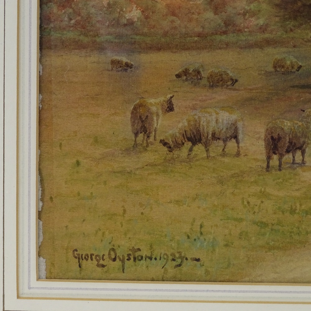 George Oyston, watercolour, sheep in landscape, 1923, 13" x 20", framed - Image 3 of 4