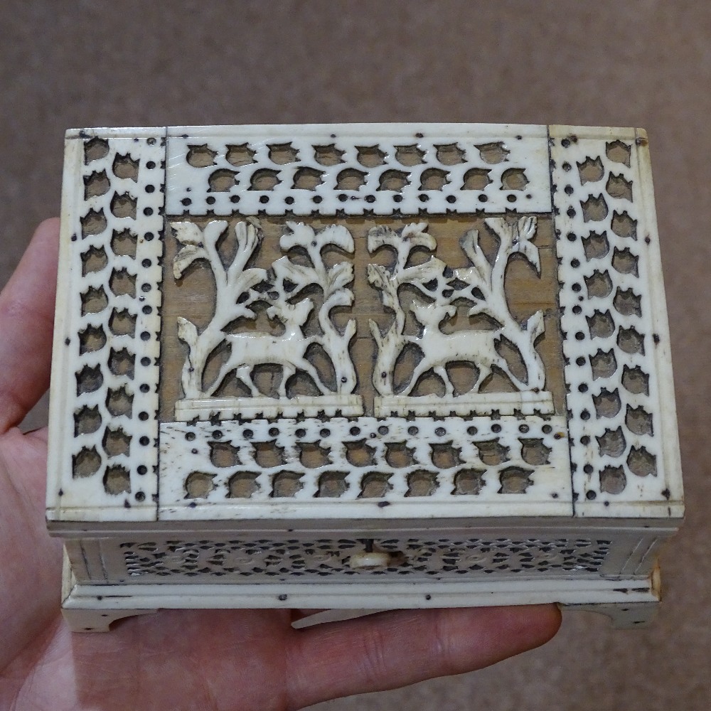 A 19th century bone fretwork decorated jewel box, length 14cm, a Chinese relief carved ivory card - Image 4 of 17