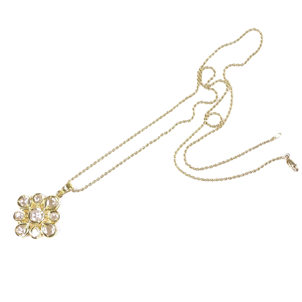 A 22ct gold 9-stone rose-cut diamond pendant necklace, on 18ct rope twist chain, pendant height - Image 2 of 4