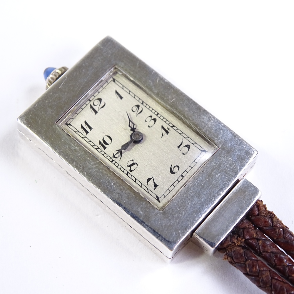 An Art Deco Swiss silver P Didisheim fob lapel watch, 15 jewel mechanical movement with green - Image 5 of 5