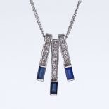 A 9ct white gold sapphire and diamond triple line pendant necklace, on 9ct white gold chain, largest