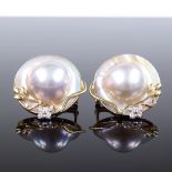 A pair of 18ct gold mother-of-pearl and diamond disc earrings, with floral designs, diameter 28.8mm,