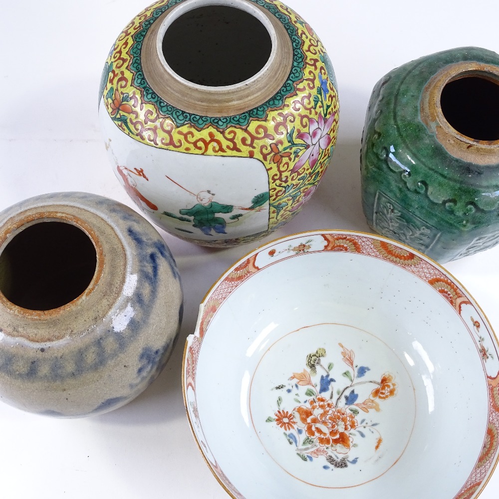 3 Chinese porcelain ginger jars, and a Chinese porcelain bowl, diameter 22cm (large rim chip) - Image 3 of 3