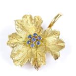 An Italian 18ct gold sapphire leaf brooch, with textured finish, length 39.4mm, 7g