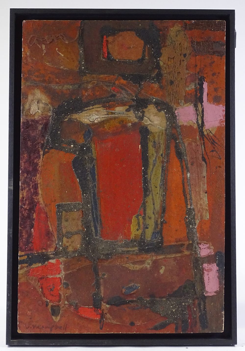 J V Campbell, mid-20th century mixed media on board, abstract composition, 28" x 18", framed - Image 2 of 4