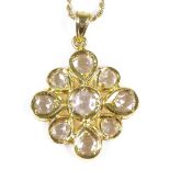 A 22ct gold 9-stone rose-cut diamond pendant necklace, on 18ct rope twist chain, pendant height