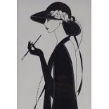 L J Green, pen and ink drawing, fashion study, 14" x 6.5", framed