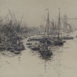 William Lionel Wyllie (1851 - 1931), etching, shipping in the Pool of London, plate size 8" x 10",