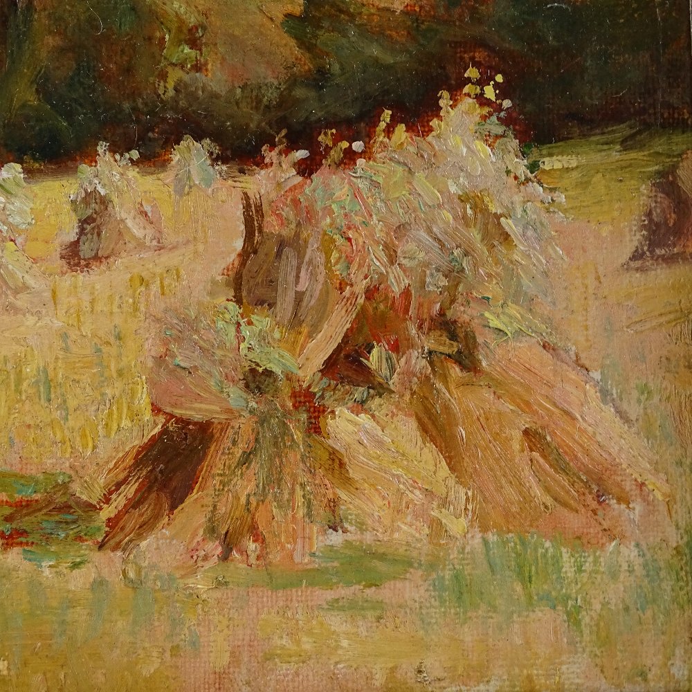 Early 20th century oil on board, corn stooks, unsigned, 8.5" x 10", framed - Image 3 of 6