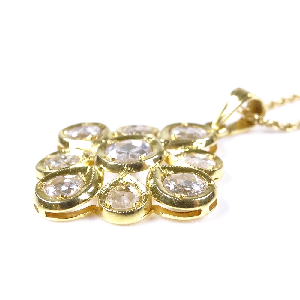 A 22ct gold 9-stone rose-cut diamond pendant necklace, on 18ct rope twist chain, pendant height - Image 3 of 4