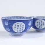 A pair of Chinese blue and white porcelain rice bowls, hand painted decoration with panels of