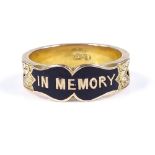 A 15ct gold black enamel and hair mourning band ring, with engraved and inset woven hair shank,