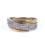 A 9ct gold double row diamond crossover ring, total diamond content approx 0.25ct, setting height