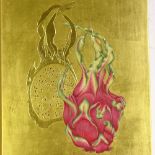 Sue Viner, 2 gold leaf and egg tempera on oak panels, dragon fruit 2010, 11" x 8", and peacock