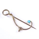 An Art Nouveau 9ct gold turquoise clip brooch, by Murrle Bennett, length 48.6mm, 2.9g