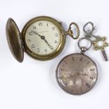 2 pocket watches, comprising an unmarked silver-cased pocket watch, and an Art Deco brass-cased