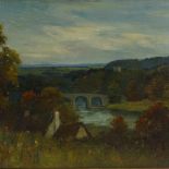 George Nasmyth-Langlands (1865 - 1939), oil on canvas, extensive landscape, 15" x 21", framed