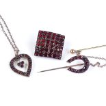 4 pieces of garnet gold jewellery, including brooch, pendant, stickpin etc (4)