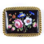 A Victorian floral enamel brooch, in gold plated rope twist frame, length 50.4mm
