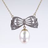 An unmarked gold pearl and diamond ribbon pendant necklace, on 9ct gold chain, pendant 26.1mm