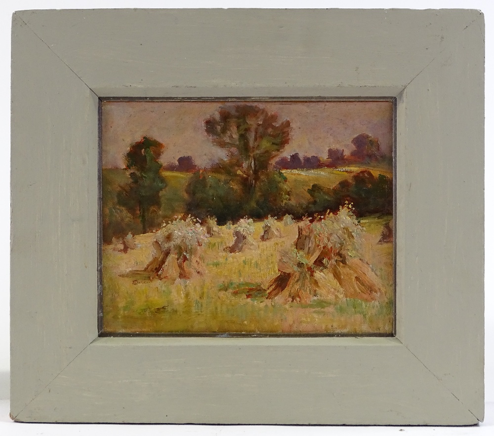 Early 20th century oil on board, corn stooks, unsigned, 8.5" x 10", framed - Image 2 of 6