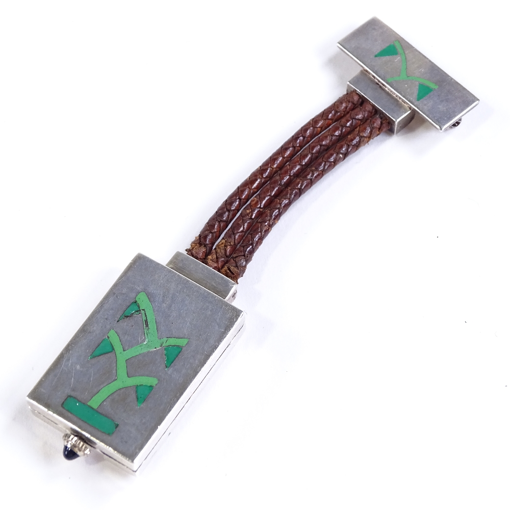 An Art Deco Swiss silver P Didisheim fob lapel watch, 15 jewel mechanical movement with green - Image 3 of 5