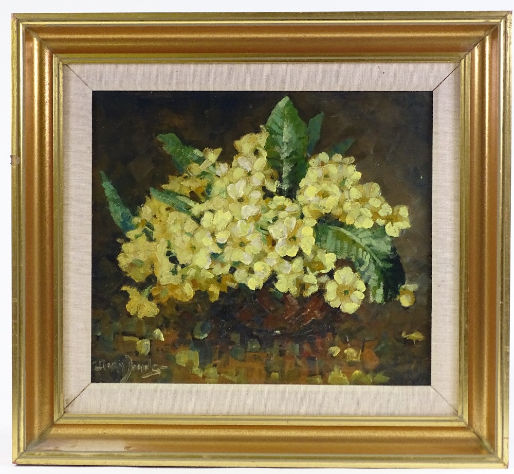 Dora Johns, oil on board, still life spring flowers, 12" x 13", framed - Image 2 of 4