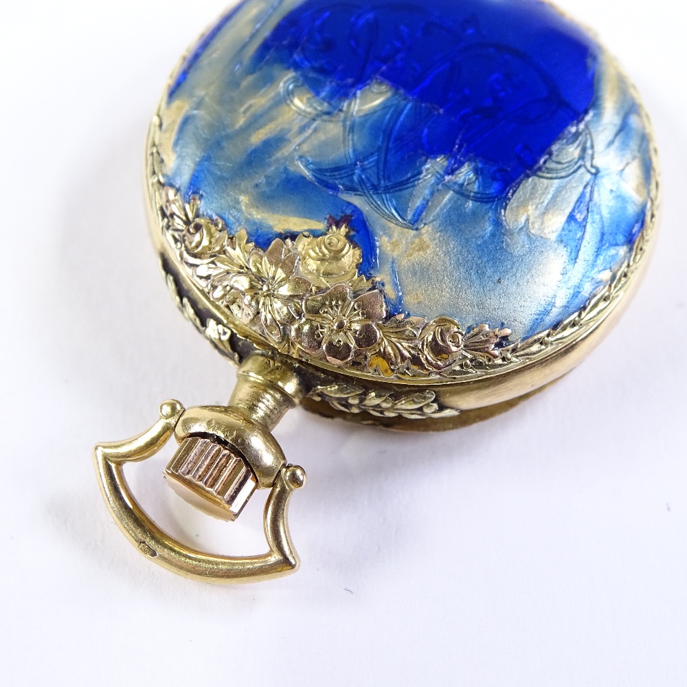 A Swiss 18ct gold open-face top-wind fob watch, with cast floral surround and blue enamel - Image 5 of 5