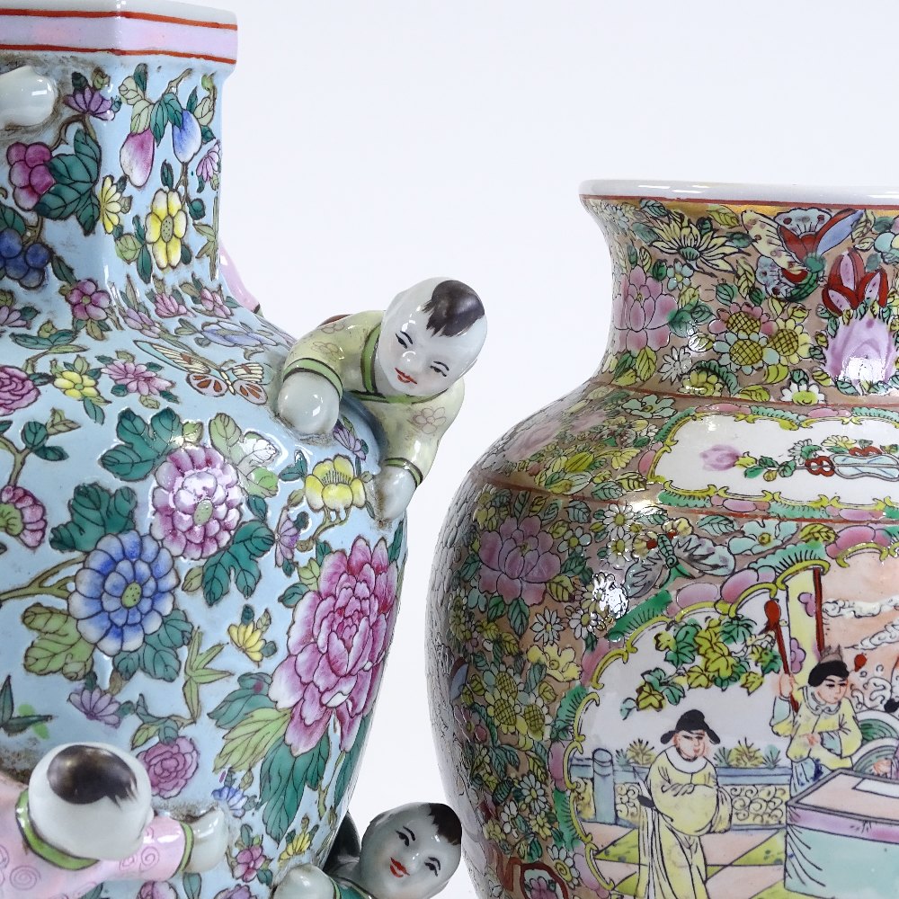 A Chinese porcelain vase with children figure mounts, height 35cm, and a Chinese famille rose