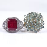 A 9ct gold green stone and diamond cocktail ring, size S, together with a sterling silver ruby and